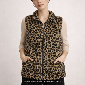 Calvin Klein Leopard Faux Fur Zip Vest Medium Mob Wife Glam Layering Old Money